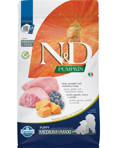 FARMINA N&amp;D GF Puppy Medium&amp;Maxi Pumpkin Lamb&amp;Blueberry hrana uscata caini juniori talie medie/mare, cu dovleac, miel si afine 2,5 kg