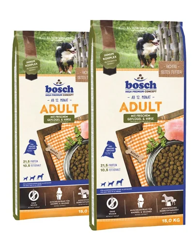 BOSCH Adult Hrana uscata pentru caini adulti, cu pasare si mei 30 kg (2 x 15 kg)