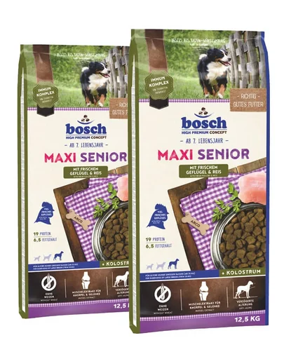 BOSCH Maxi Senior Hrana uscata cu pasare si orez pentru cainii adulti  25 kg (2 x 12,5 kg)