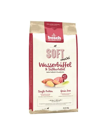 BOSCH Soft Maxi Hrana uscata pentru cainii adulti de talie mare, carne de bivol si cartofi dulci 12,5 kg + Recompense sticks 7 buc.