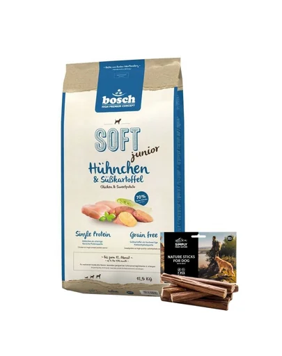 BOSCH Soft Junior Hrana uscata cu pui si cartofi dulci pentru cainii junior 12,5 kg + recompense sticks 7 buc.