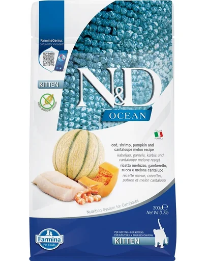 FARMINA N&D Ocean Cat Kitten Hrana pisoi, pisici gestante si care alapteaza, cu cod, creveți, dovleac si pepene galben - 300 g