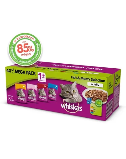 WHISKAS Adult 40x85g Peste si arome traditionale hrana umeda pentru pisici in aspic (pui, somon, vita, ton)