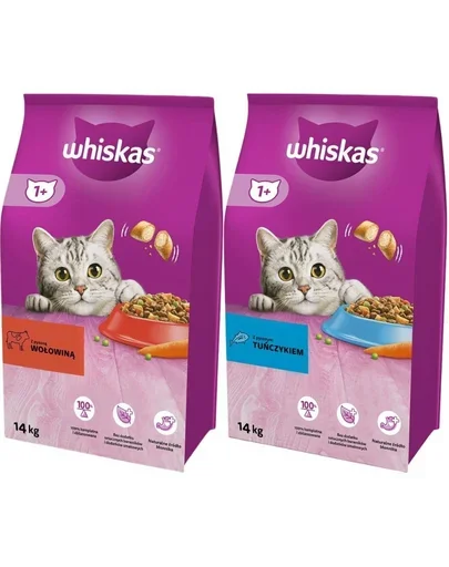 WHISKAS Adult 14kg cu vita si legume + WHISKAS Adult 14kg cu ton si legume