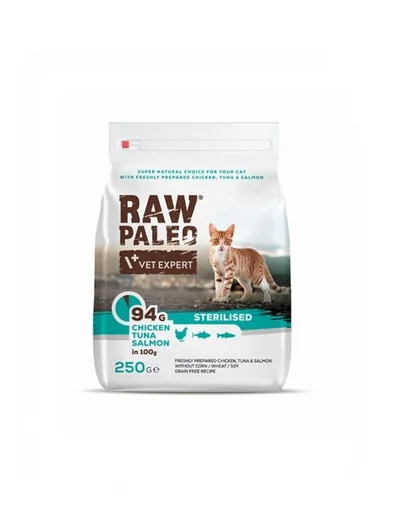 VETEXPERT Raw Paleo Sterilised Chicken&amp;Tuna&amp;Salmon Hrana uscata pisici sterilizate, cu pui, ton si somon 250 g