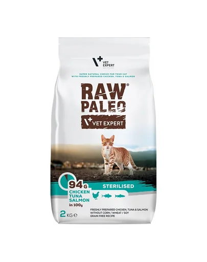 VETEXPERT Raw Paleo  Sterilised Chicken&amp;Tuna&amp;Salmon Hrana uscata pentru pisici sterilizate 2 kg