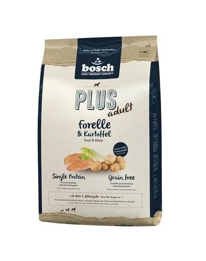 BOSCH Plus Hrana uscata caini adulti cu sensibilitati, cu pastrav si cartofi 1 kg