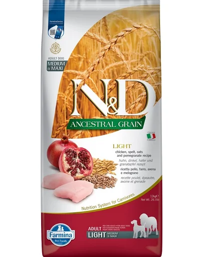 FARMINA N&amp;D Low Grain Light Adult Medium/Maxi  Sac hrana uscata pentru caini talie medie sau mare, cu pui si rodie 12 kg