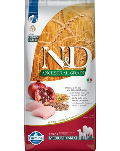 FARMINA N&amp;D Low Grain Senior Medium/Maxi Hrana uscata pentru caini seniori talie medie si mare,cu pui si rodie 12 kg