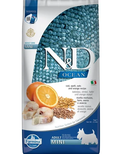 FARMINA N&D Ocean Adult Mini cu cod, spelat, ovăz, portocale 7 kg
