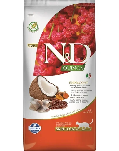 FARMINA N&amp;D Quinoa Adult Cat Skin&amp;Coat  Hrana uscata pisici cu intoleranta alimentara, cu hering și cocos 5 kg