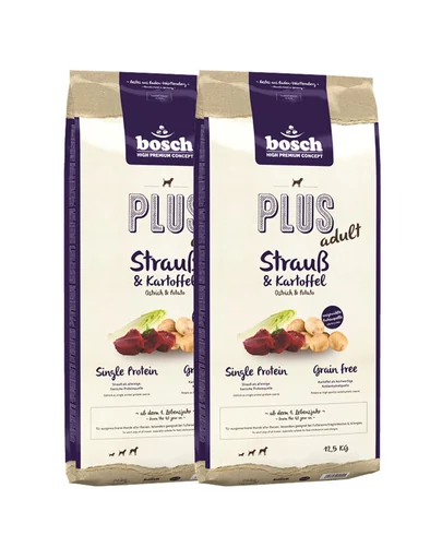 BOSCH Plus Hrana uscata cu strut &amp; cartofi pentru cainii junior cu intolerante alimentare 25 kg (2 x 12,5 kg)