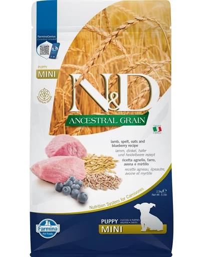 FARMINA N&amp;D Low Grain Puppy Mini Hrana uscata catei talie mica, cu miel si afine 2.5 kg