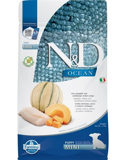 FARMINA N&amp;D Ocean Hrana uscata pentru catei de talie mica, cu cod, dovleac si pepene galben 800 g