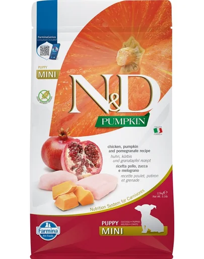 FARMINA N&amp;D Pumpkin Dog Puppy Mini cu puiHrana catei talie mica, cu dovleac si rodie - 2,5 kg