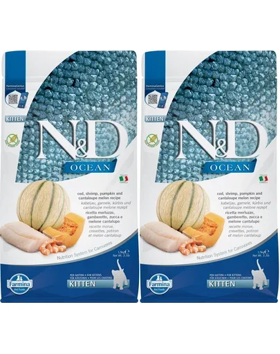FARMINA N&D Ocean Cat Kitten cod, shrimp, pumpkin & cantaloupe melon 2 x 1,5 kg hrana uscata pisoi, pisici gestante/alapteaza, cod, creveti, dovleac si pepene galben