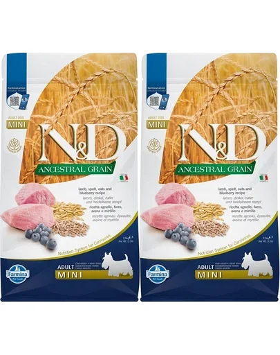 FARMINA N&D Ancestral Grain Lamb & Blueberry Adult Mini dog alimente caini rasa mica 2 x 2,5 kg