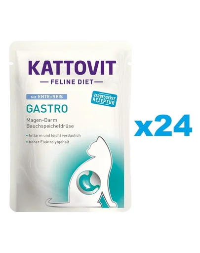 KATTOVIT Feline Diet Gastro hrana umeda dietetica pentru pisici cu afectiuni gastrointestinale, rata si orez  24 x 85 g