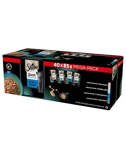 SHEBA Sauce Collection Arome de pește pliculețe de sos 40x85 g cu somon, pește alb, ton, cod