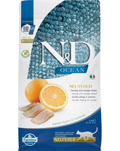 FARMINA N&amp;D Ocean - Hrană uscată pentru pisici adulte, după castrare - hering și portocală -1,5 kg