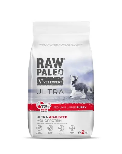 RAW PALEO Ultra Beef Medium&amp;Large Puppy 2kg hrana catei rasa medie si mare, cu vita