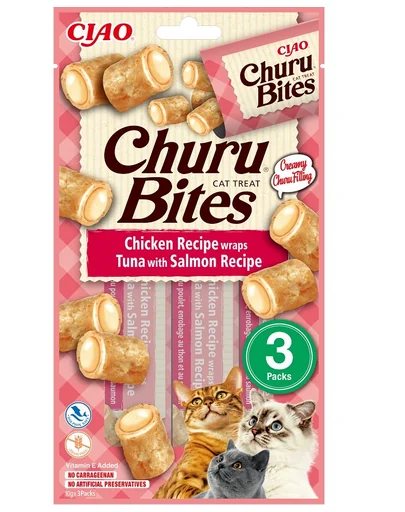 INABA Churu Bites Chicken tuna&amp;salmon wrap 3x10g pernute umplute cu ton si somon pentru pisici