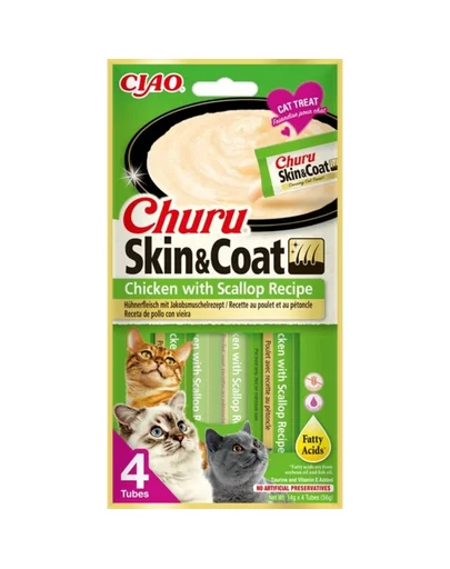 INABA Churu Skin&Coat 4x14g recompense cremoase pui si scoici pentru pisici