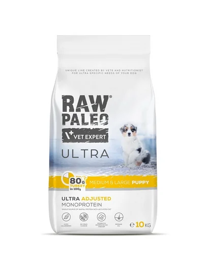 RAW PALEO Ultra Turkey Medium&amp;Large Puppy 10kg Sac hrana catei talie medie si mare, cu curcan