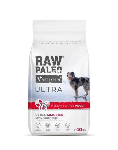 RAW PALEO Ultra Beef Medium&amp;Large Adult 10kg Sac hrana uscata caine talie medie sau mare, cu vita