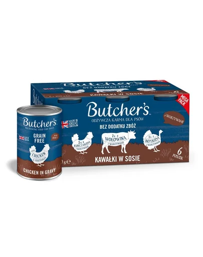 BUTCHER'S Original Recipe in gravy pentru caini 6x400 g mix arome cu legume si bucati vita, curcan si pui cu sos