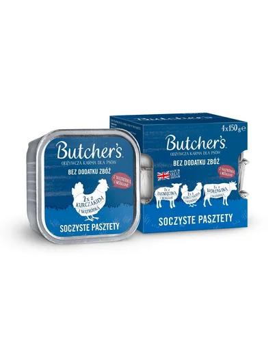 BUTCHER'S Original Pateu suculent Arome mixte cu ficat sau rinichi 4x150 g pateu cu carne de vită, cu miel și pui pentru câini