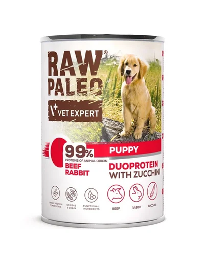 Hrana umeda cu vita RAW PALEO Beef Rabbit Puppy 400g pentru catelusi