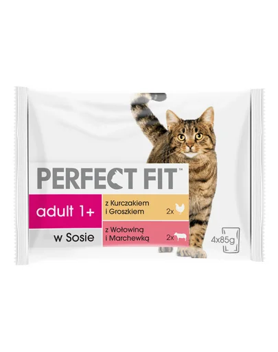 PERFECT FIT Adult plic pisica 4x85g hrana umeda in sos cu pui si mazare, vita si morcovi