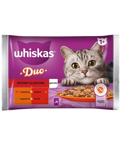 WHISKAS Adult Set plicuri hrana umeda pisica 4x85 g Classic Meals bucati de vita, pasare, miel si rata in jeleu