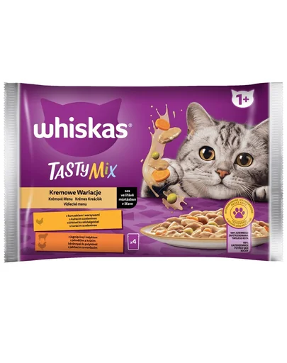 WHISKAS Tasty Mix hrana in sos pentru pisica adulta 4x85g Varietate cremoasa cu pui, miel si curcan