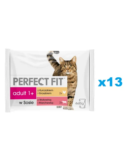 PERFECT FIT Adult plic hrana umeda pisica 52x85g in sos cu pui si mazare, vita si morcovi
