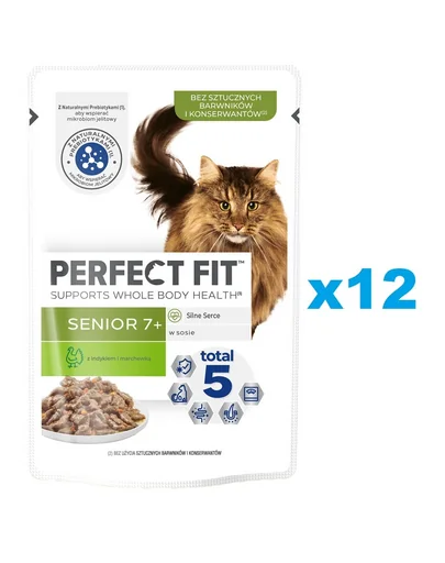 PERFECT FIT Senior 7+ pliculete pisici 12x85 g hrana umeda pentru pisici senior, curcan si morcov in sos