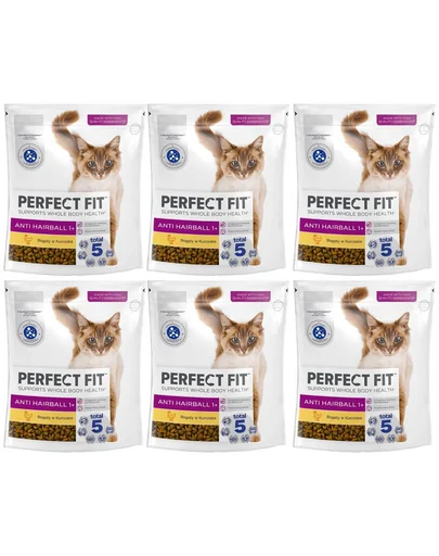 PERFECT FIT Antihairball 1+ 6x750 g hrana pisici adulte, cu pui