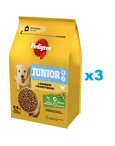PEDIGREE Junior 3x2,6 kg hrana uscata catei talie medie si mare, pasare si legume