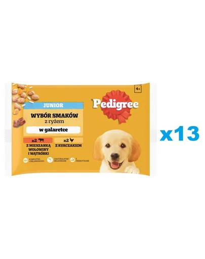 PEDIGREE Junior Set plicuri hrana catei, cu vita si ficat si orez, cu pui si orez, in aspic 52x100g