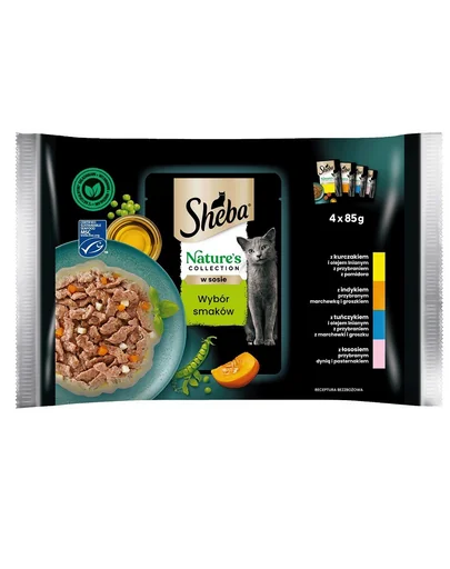 SHEBA Nature’s Collection mix plicuri pentru pisica 4x85 g in sos cu bucati de pui, curcan, ton, somon