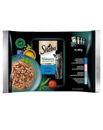 SHEBA  Nature’s Collection 4x85 g Fish Flavours hrana la pliculet cu sos pentru pisica, mix peste