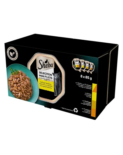 SHEBA Selection Mix arome pasare pentru pisica 8x85 g in sos cu pui si curcan, pui, pasari de curte, curcan