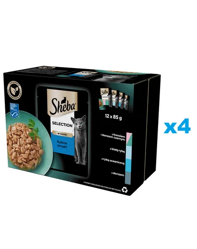 SHEBA Selection varietate plicuri in sos 48x85 g hrana umeda cu somon si cod, peste alb, peste oceanic, cod pentru pisici