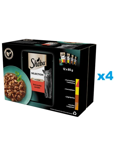 SHEBA Selection 48x85 g hrana pisici adulte, in sos, cu vita, pui, miel, curcan
