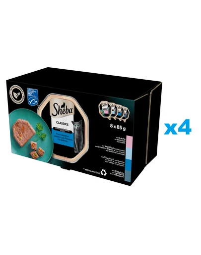 SHEBA Classics hrana pisici 32x85 g pate cu somon, peste alb si morcovi, ton si legume, cod