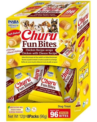 INABA Dog Churu Fun Bites Chicken with Cheese 8x12g recompense caini, cu pui si branza