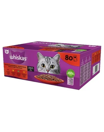 WHISKAS Adult in sos 80x85g Classic Meals hrana umeda completa pentru pisici adulte cu vita, pui, miel, pasare