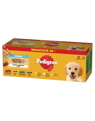 Plicuri PEDIGREE caini Junior Mix arome cu orez 40x100 g in aspic hrana umeda completa bucati vita, ficat si orez, cu pui si orez, cu miel, ficat si orez, cu pasare si orez