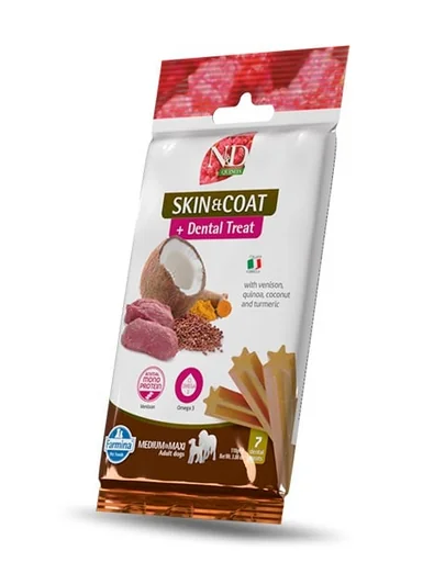 FARMINA N&D Quinoa Dental Treat Skin Coat Venison Medium/Maxi 100 g Batoane pentru caine talie medie si mare, cu vanat
